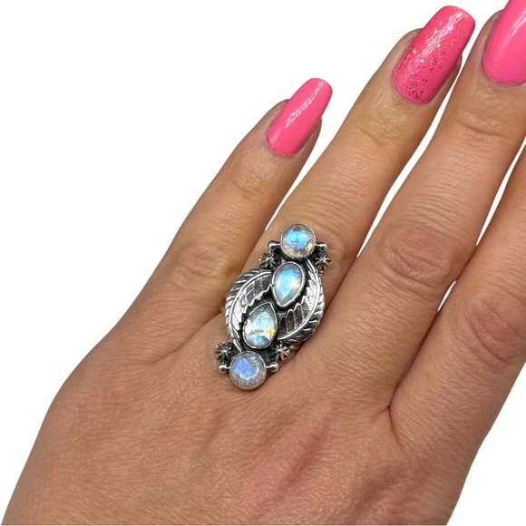 Rainbow Moonstone Ring Size 6 Solid 925 Sterling Silver Etched Leaf Leaves
